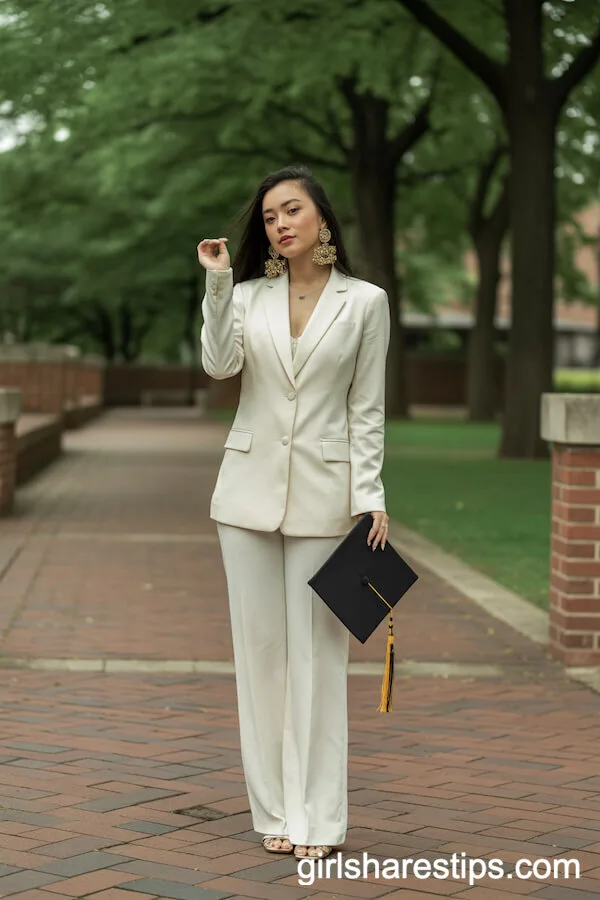 Fitted Cream-Colored Suit with Statement Earrings