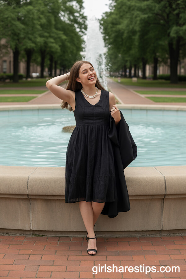 Classic Black Dress with Pearl Necklace