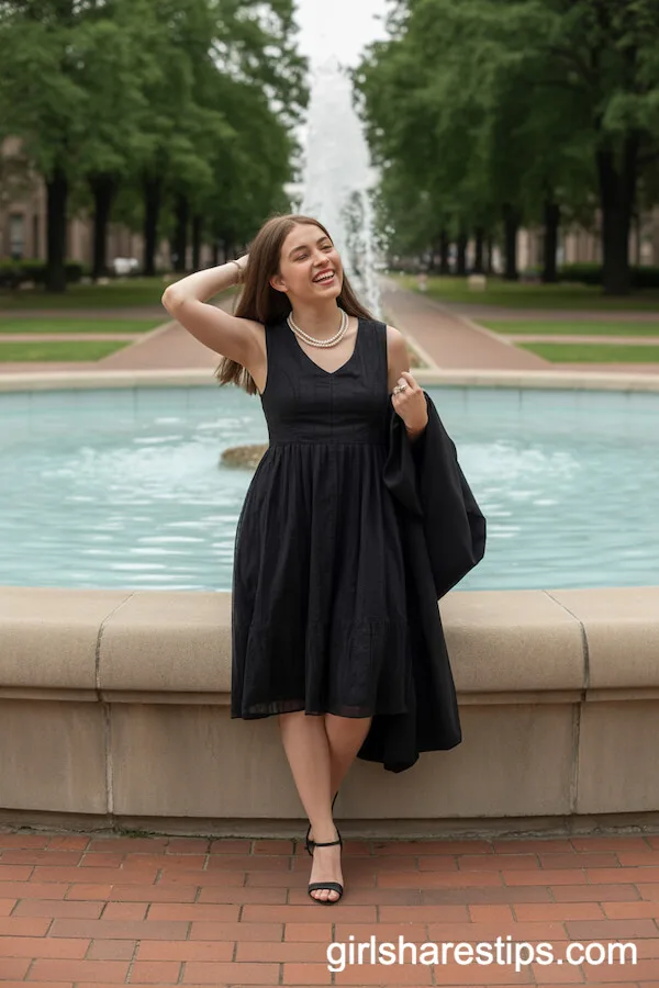 Classic Black Dress with Pearl Necklace