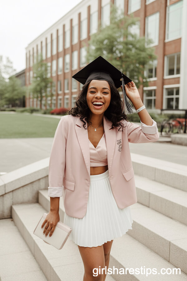 Pastel Pink Blazer and White Pleated Skirt Combo