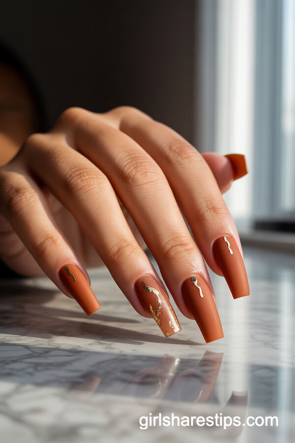 Matte Burnt Orange Nails with Gold Foil Accents