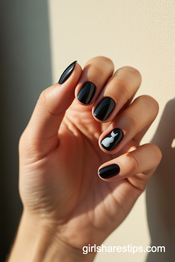 Jet Black Nails with White Cat Silhouettes