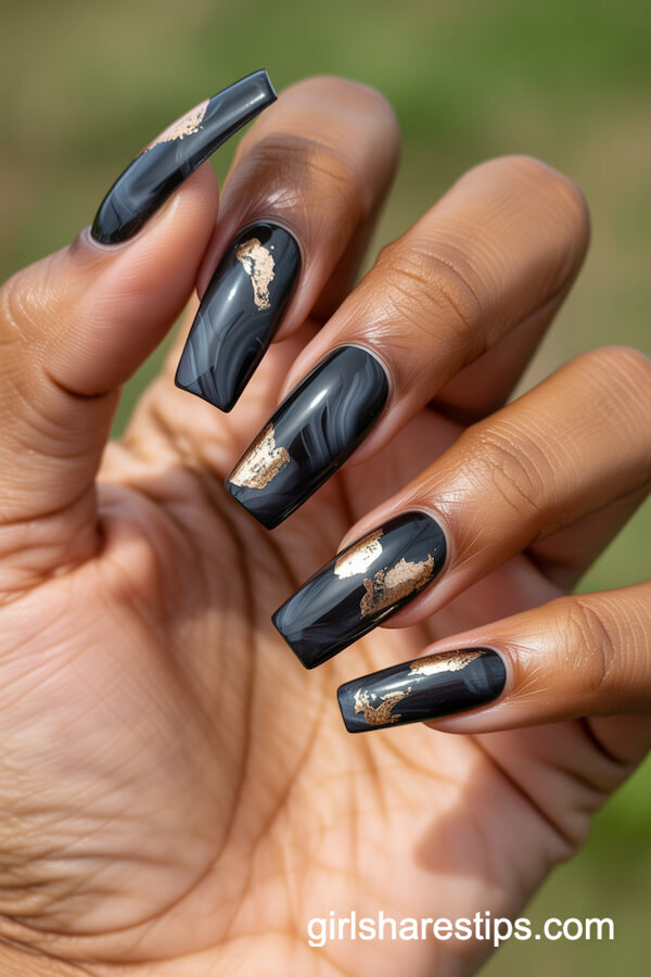 Black Smoky Marble Nails with Gold Foil
