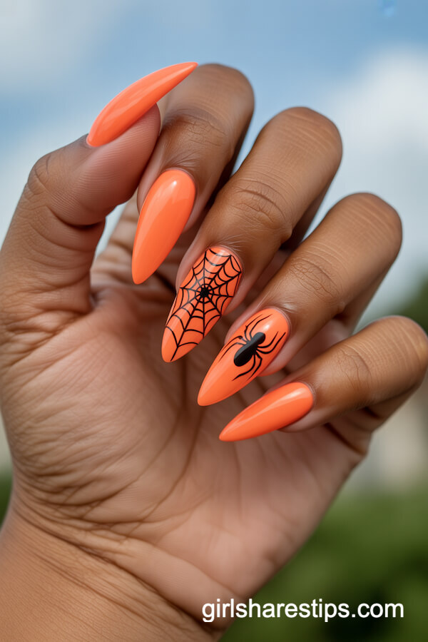 Neon Orange Nails with Black Spiderwebs