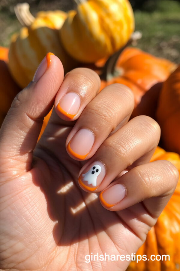 Orange French Tips with Tiny Cartoon Ghost