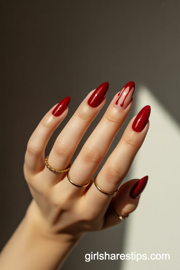 Deep Red Nails with Blood Drip Art