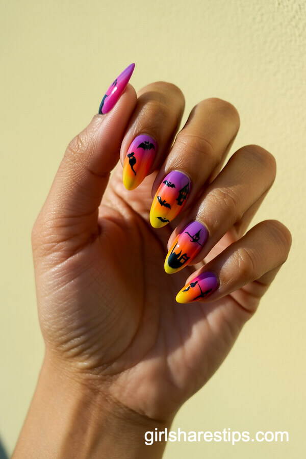 Purple to Orange Ombre Nails with Halloween Silhouettes