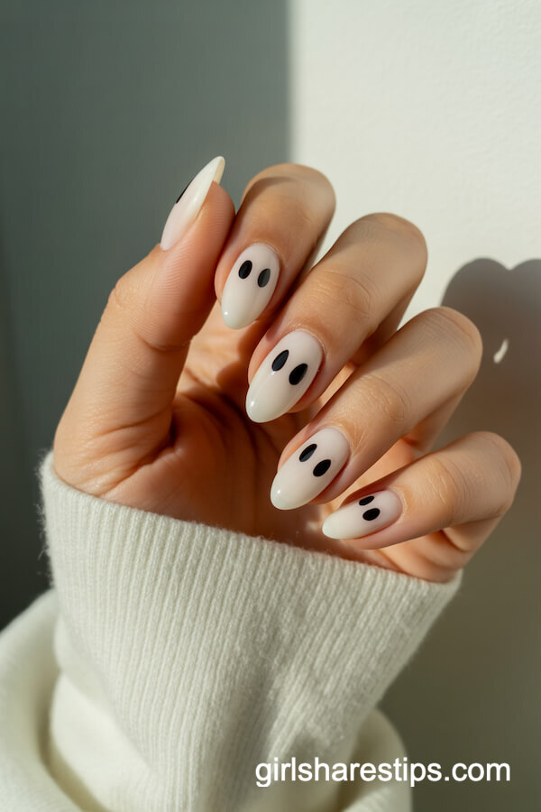 White Nails with Cute Ghost Faces