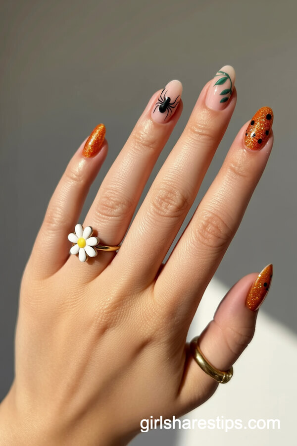 Pumpkin-Orange Glitter Nails with Spider and Dots