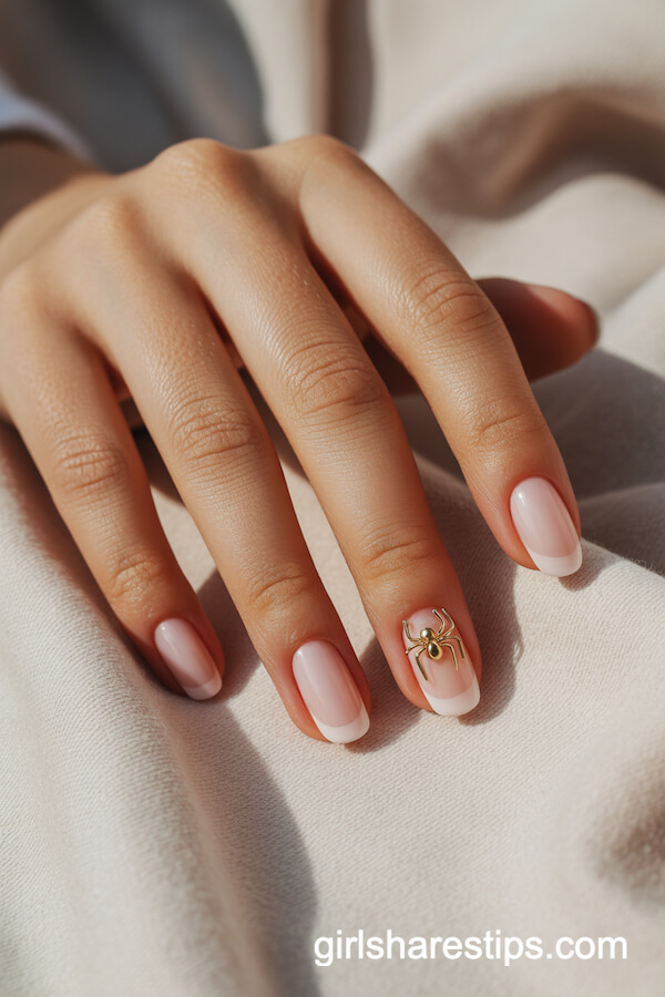 Sheer Pink Nails with Gold Spider Charm