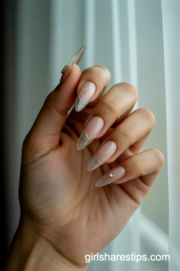 Crystal Cobwebs on Clear Stiletto Nails