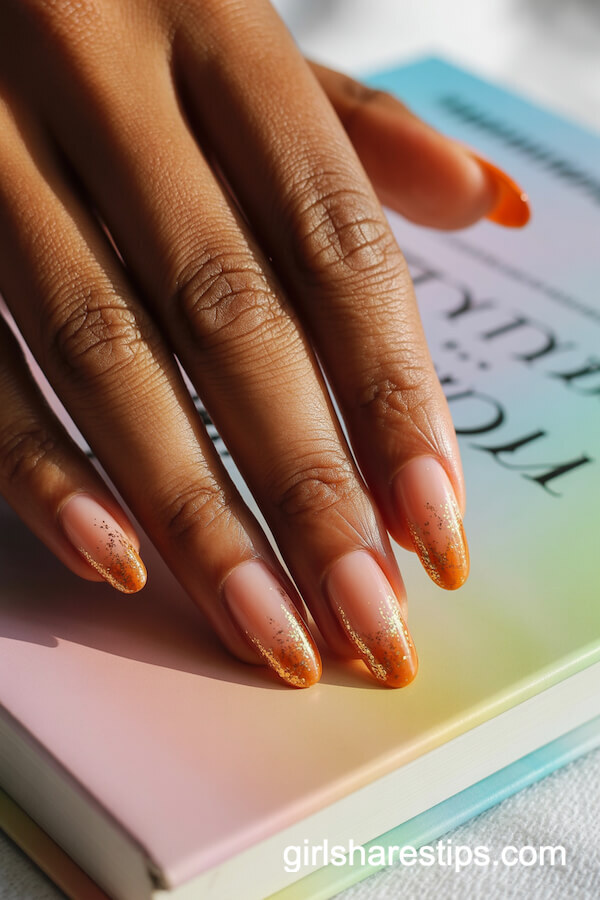 Ombre Orange to Clear Nails with Gold Glitter
