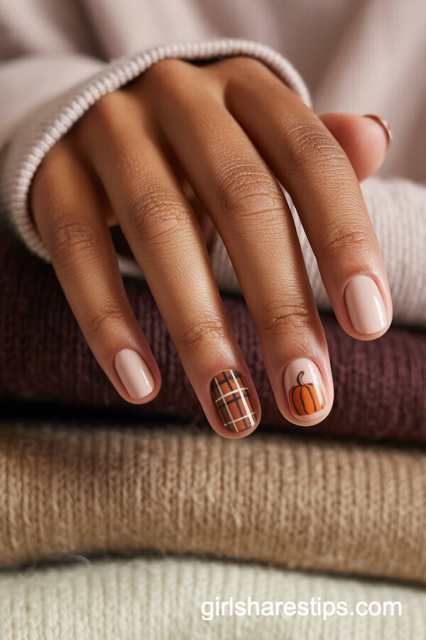 Plaid Pattern Nails with Tiny Pumpkin