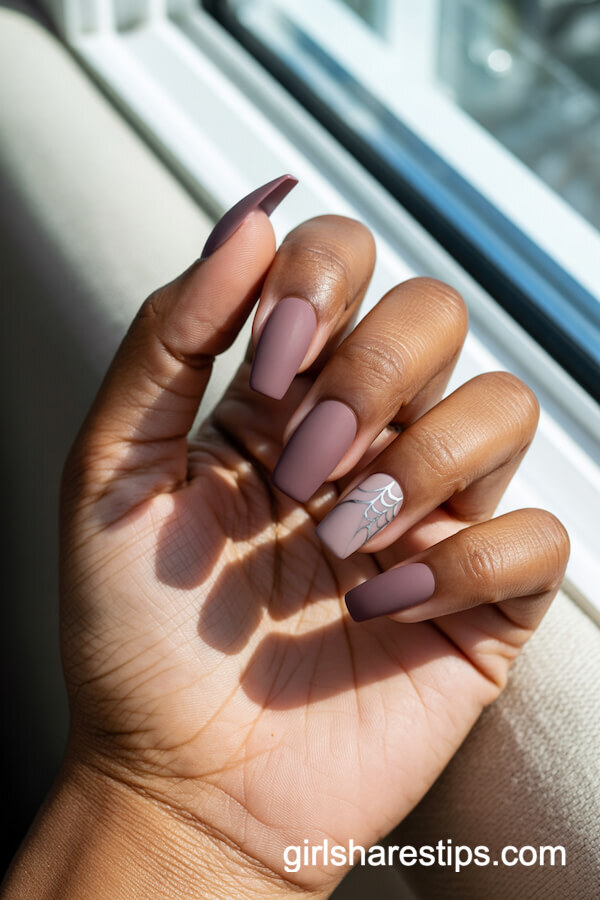 Matte Mauve Nails with Silver Spiderwebs