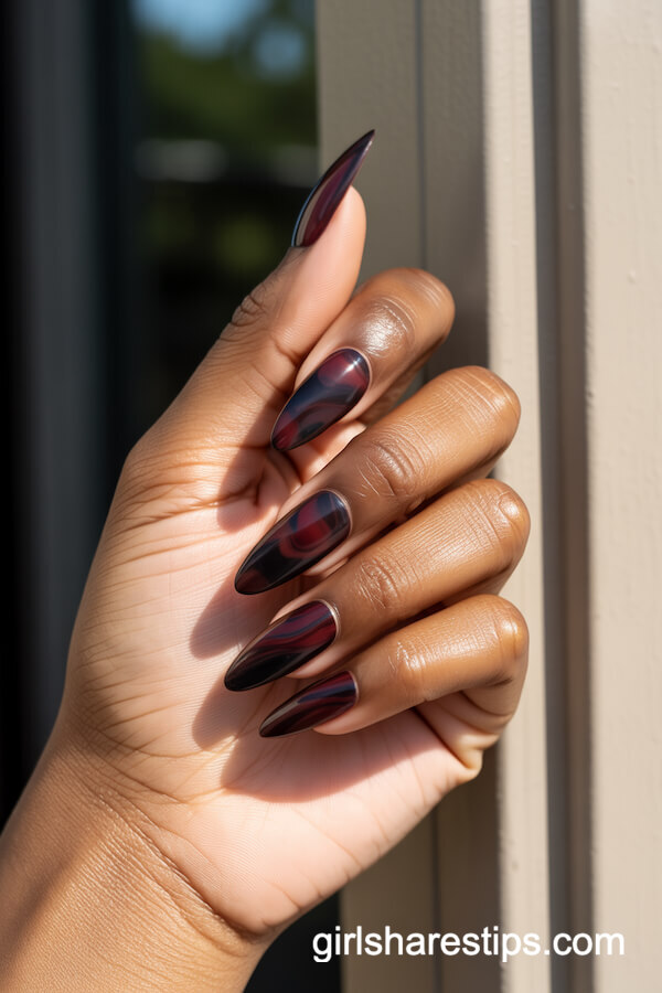 Burgundy and Black Marble Swirl Nails