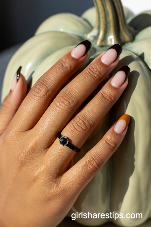 Black French Tips with Orange Accent Rhinestone