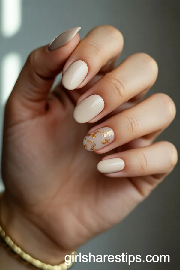 Sandy Beige Almond Nails with Gold Flake Accents