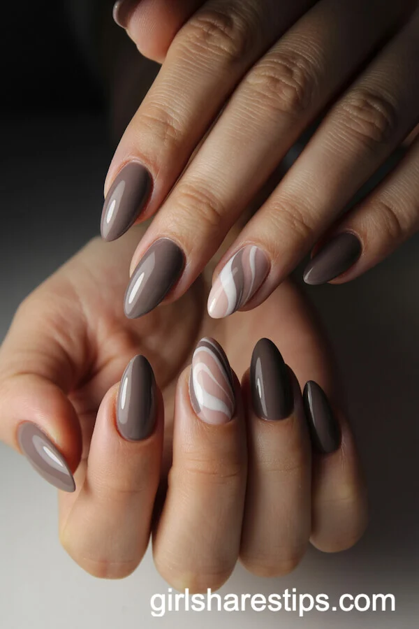 Taupe Almond Nails with Abstract Swirl Accents