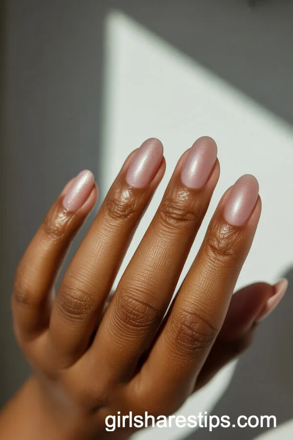 Blush Pink Oval Nails with Pearlescent Sheen