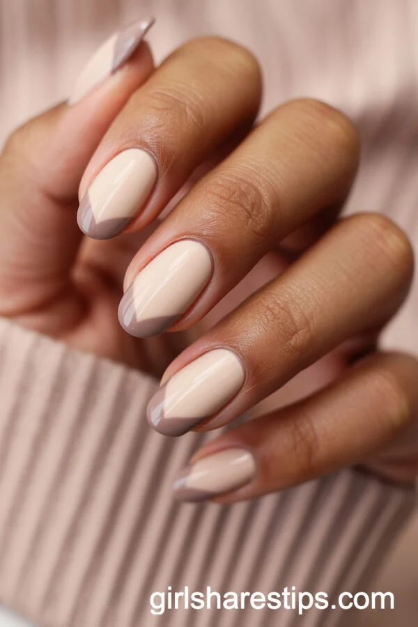 Creamy Nude Rounded Nails with Chevron Taupe Tips