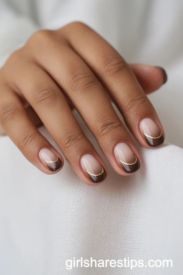 Mocha Ombre Nails with Delicate Gold Curves
