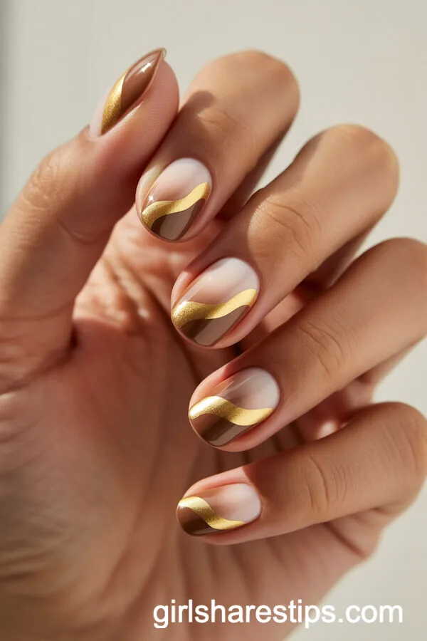 Luxurious Mocha Ombre Nails with Bold Gold Accents