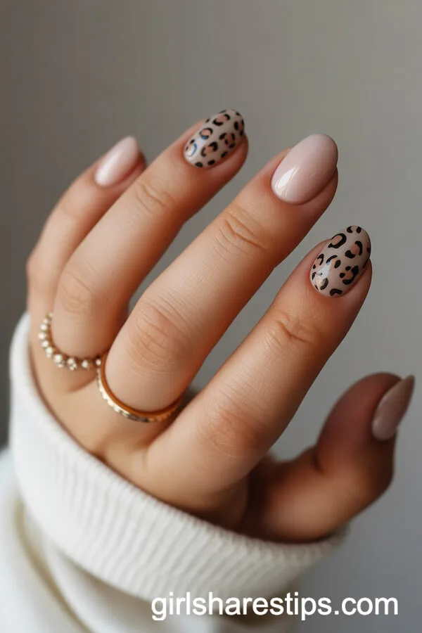 Nude Base Nails with Leopard Taupe Accents