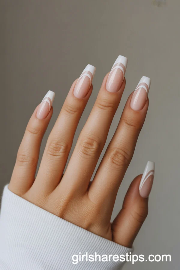 Nude Coffin Nails with Negative Space Stripes