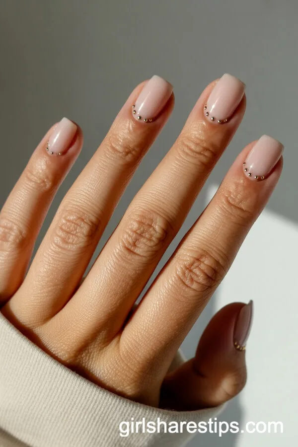 Taupe Nude Square Nails with Gold Stud Accents