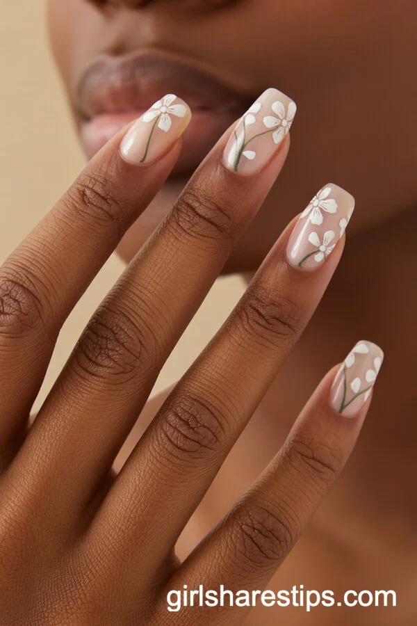 Nude Nails with Fine White Floral Stamp Art