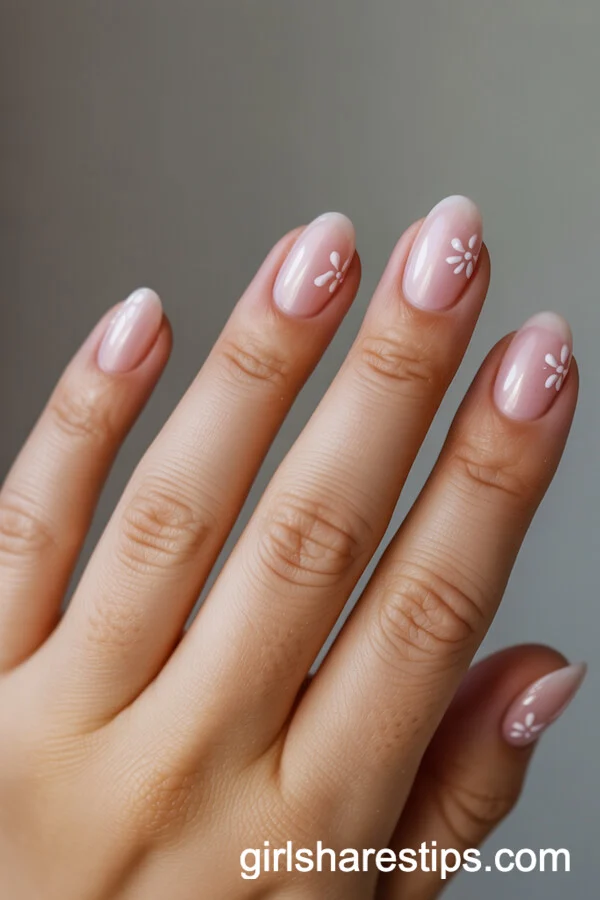Pink Nude Short Round Nails with Tiny Floral Designs
