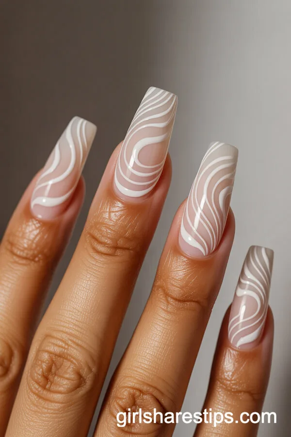 Coffin Nude Nails with White Abstract Swirls