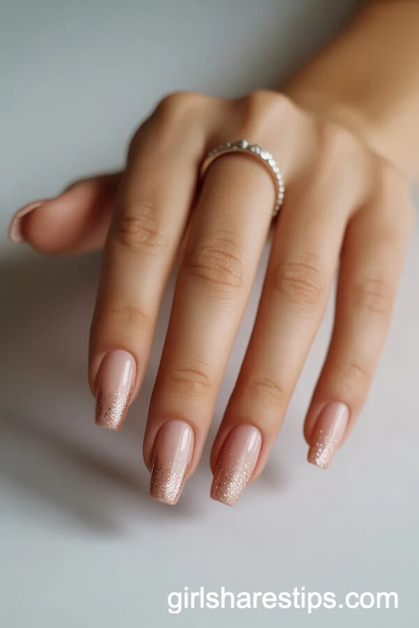 Rose Gold Glitter Gradient on Coffin Nude Nails
