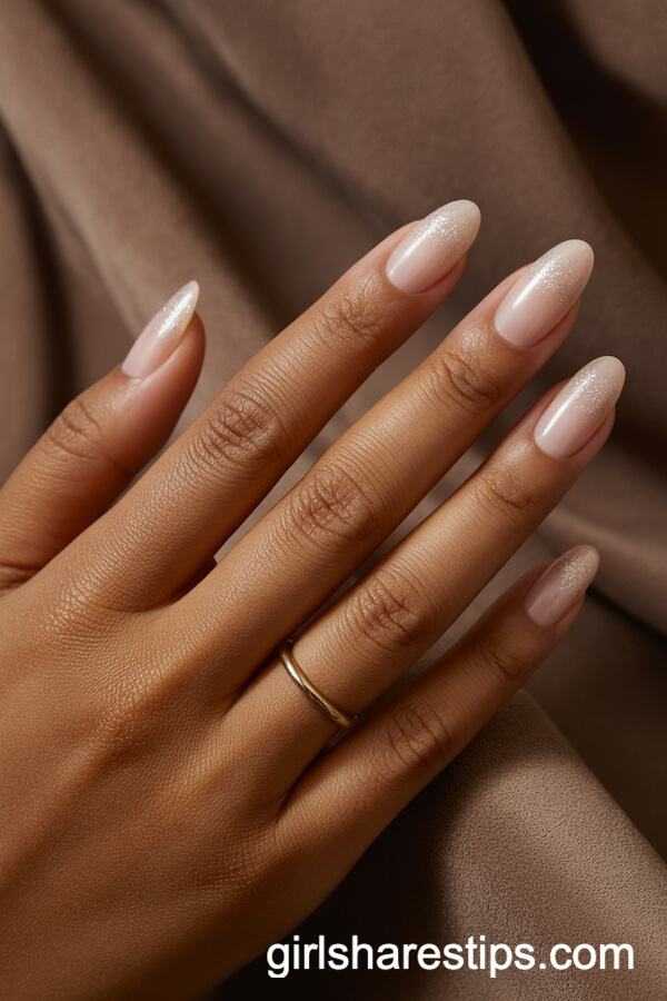Oval Nude Nails with Micro Glitter Gradient