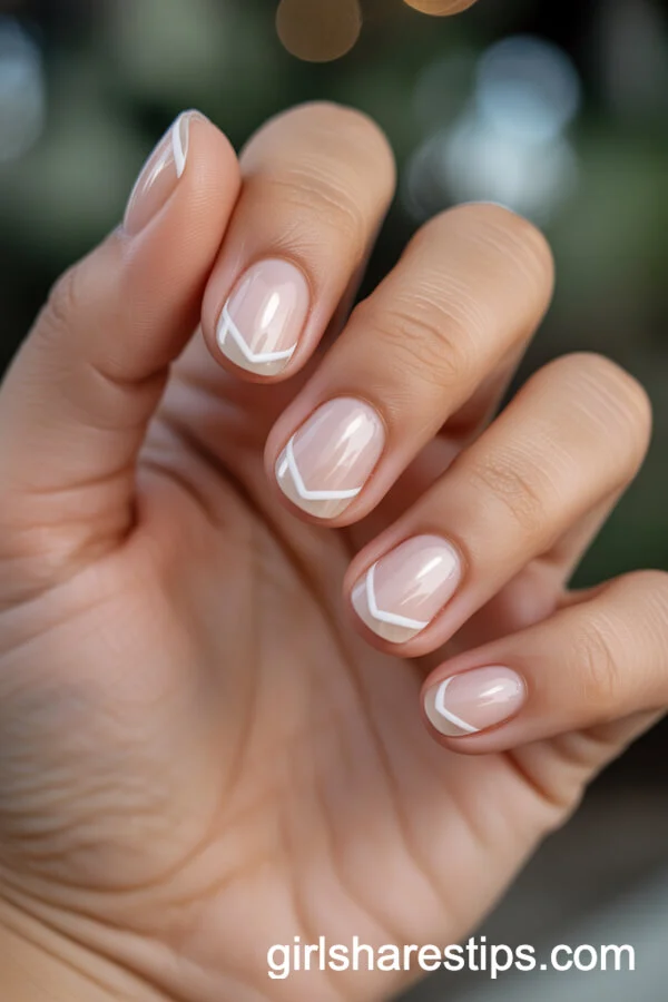 Short Sheer Nude Nails with White Chevron Stripes