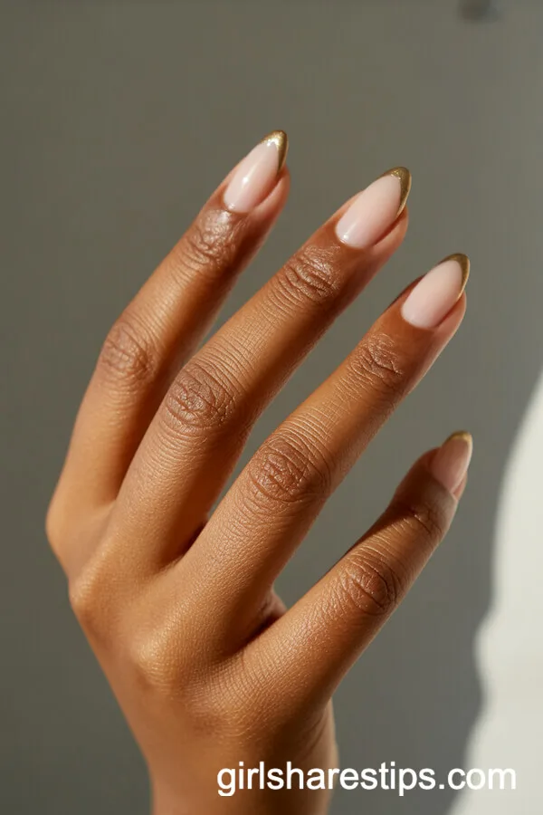 Almond Nude Nails with Gold Metallic Tips