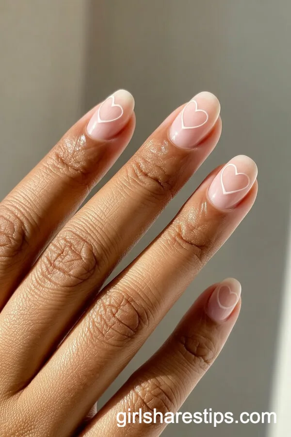Squoval Nude Nails with Negative Space Heart Accents