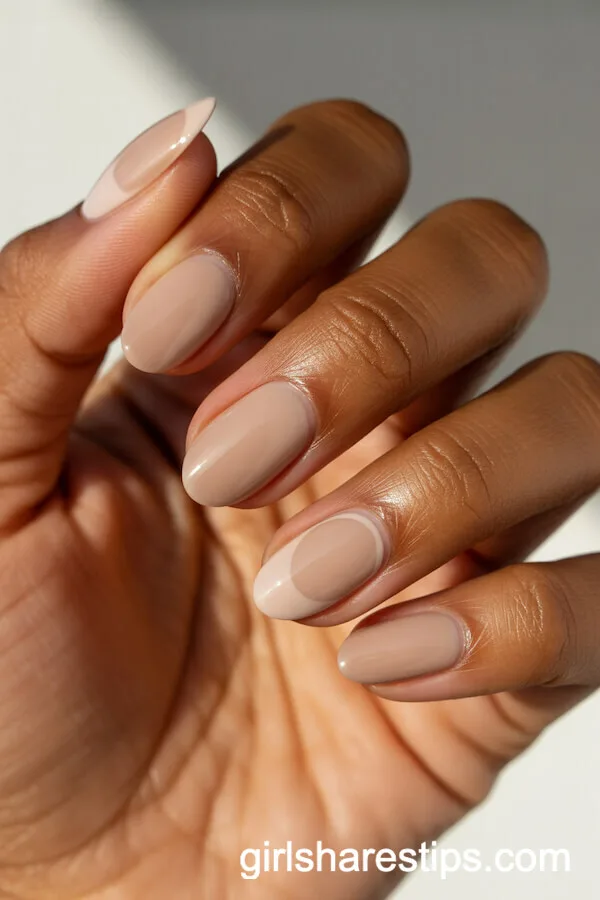 Beige Nude Almond Nails with Half-Moon Negative Space