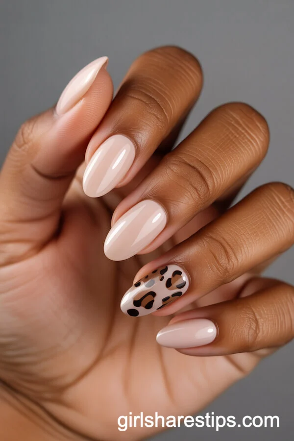 Almond Nude Nails with Brown Leopard Accent