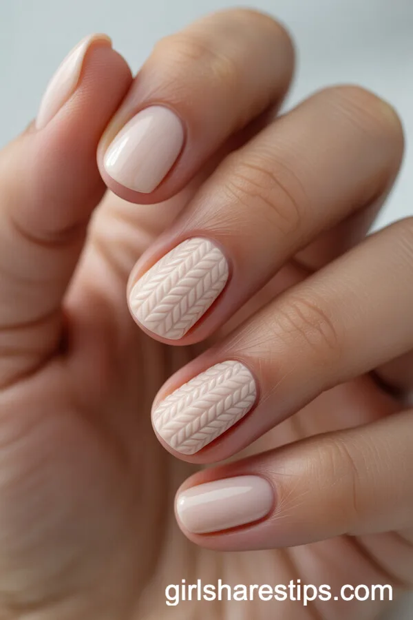 Nude Nails with 3D Sweater Texture Accents