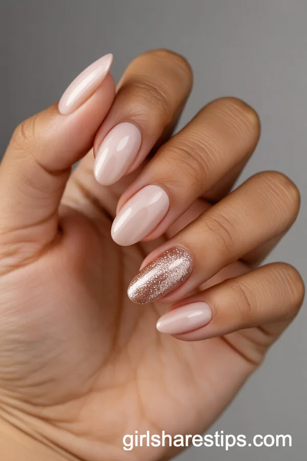 Oval Nude Nails with Glitter Accent Nail
