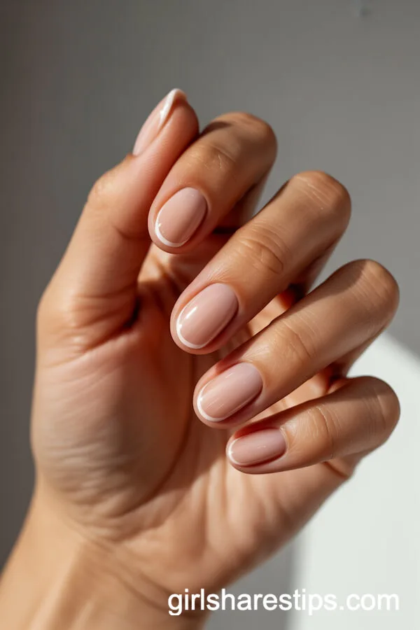Minimalist White Line Art on Oval Nude Nails