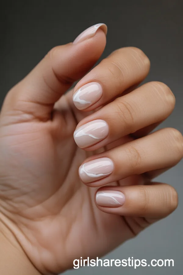 Nude Round Nails with White Marble Effect