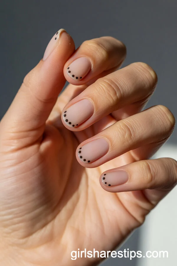 Short Oval Nude Nails with Black Dot Accents