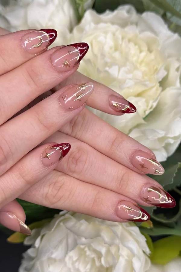 Burgundy and Gold Accent Nails