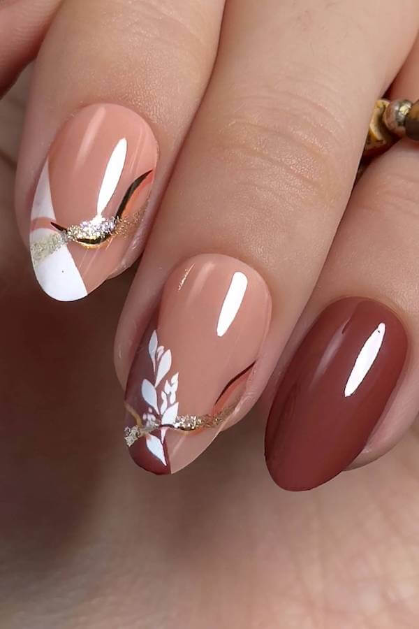 Nude and Brown Abstract Floral Nails