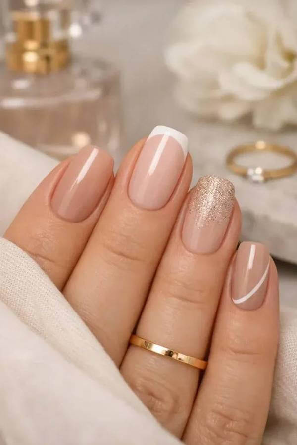 Neutral and Gold Glitter Nails