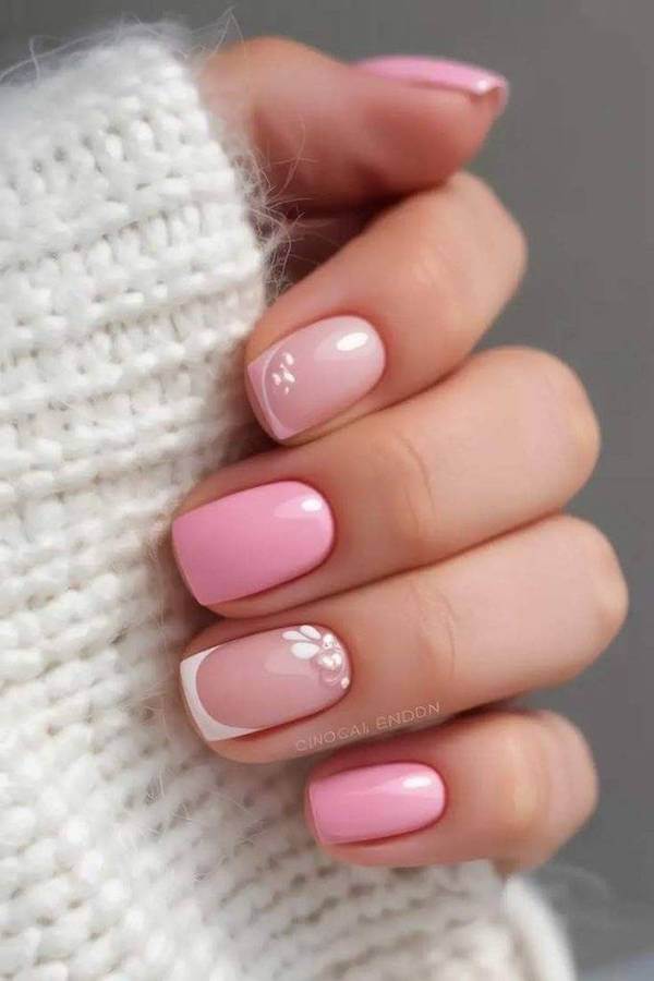 Pink French Nails with Petite Floral Accent