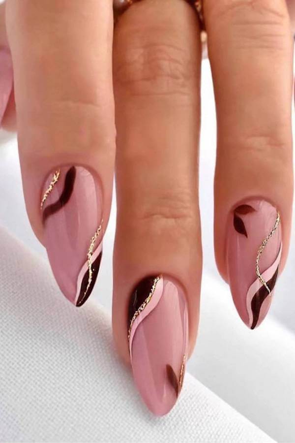 Mauve Nails with Gold and Brown Swirls
