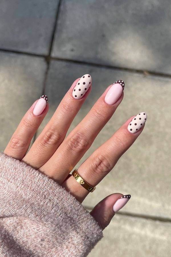 Pink Nails with Brown Polka Dots